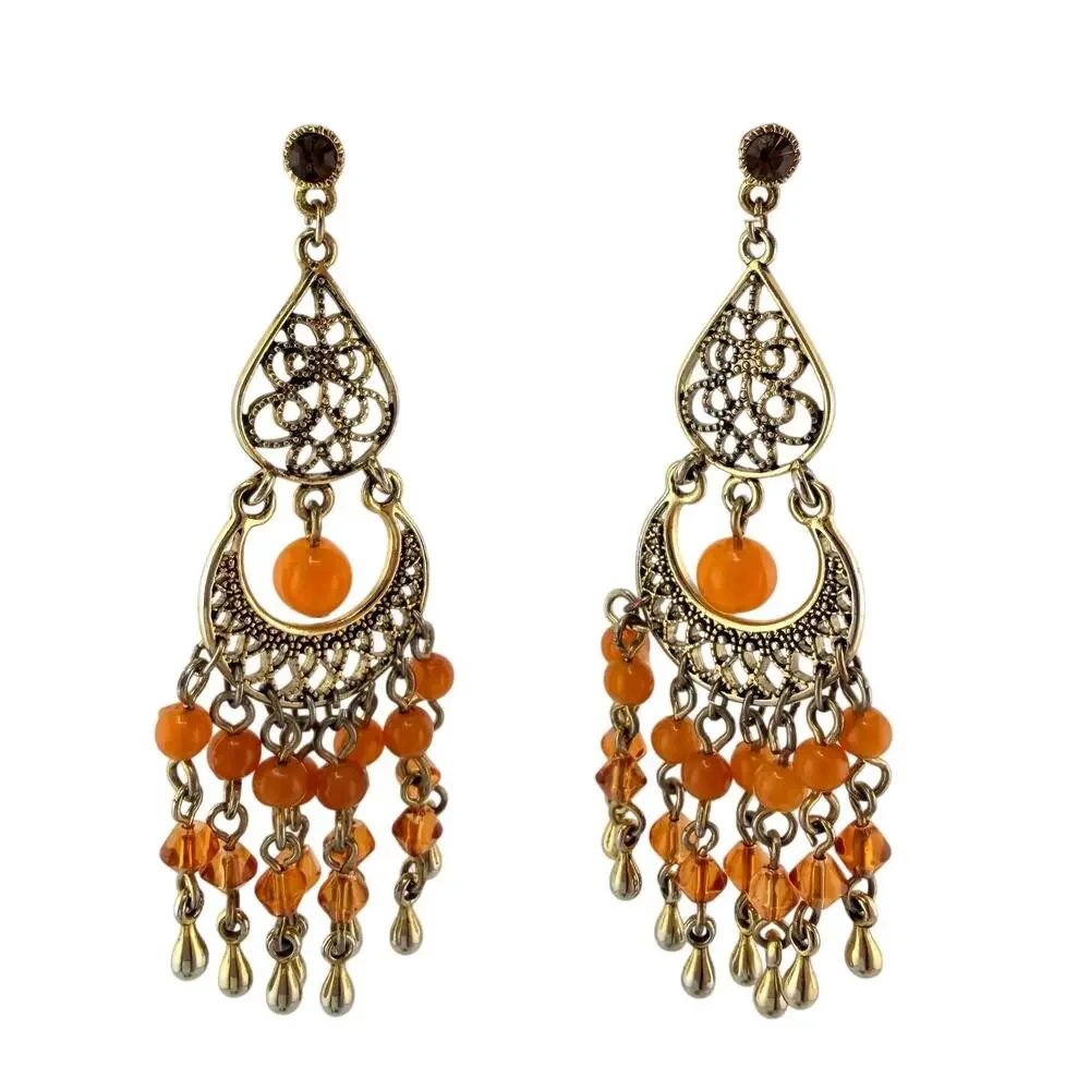 Boho Ornate Filigree Chandelier Orange Bead Dangle Drop Gold Tone 3